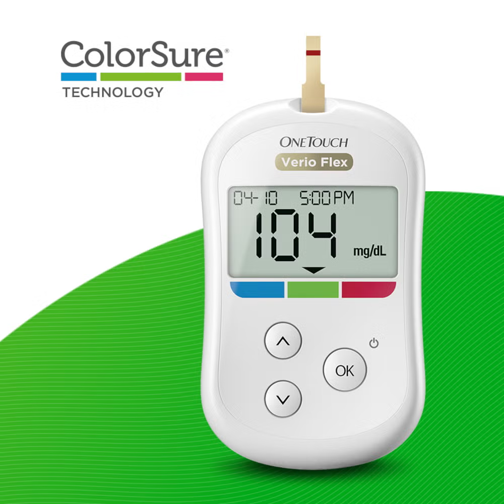 OneTouch Verio Flex glucose meter displaying a reading of 104 mg/dL with a gold test strip inserted, shown against a bright green curved background.